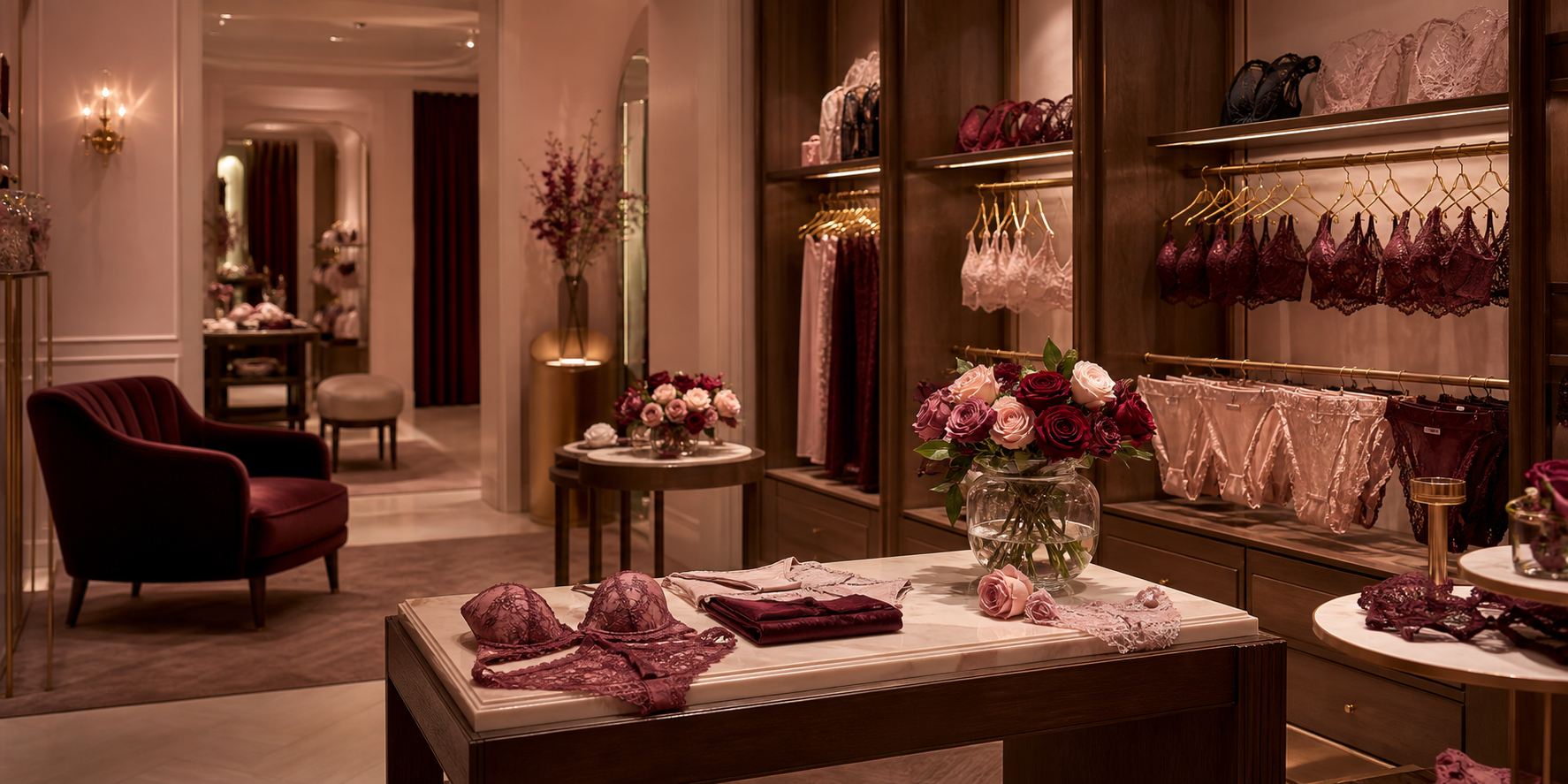 Interior elegante de Lencería Ilusiones en Trelew, con exhibidores de lencería en tonos rosa empolvado y burgundy, iluminación cálida y rosas
