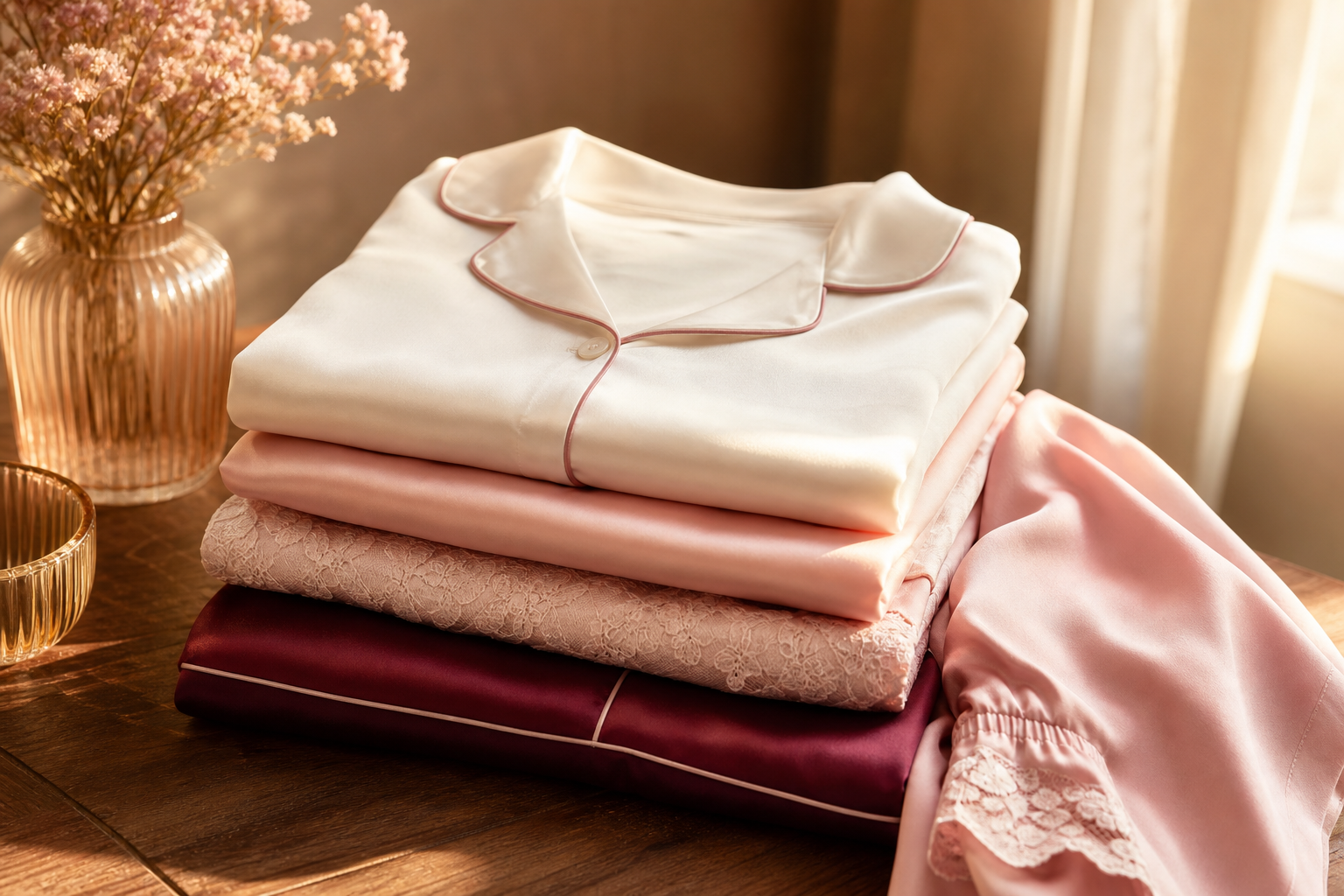 Pijamas y ropa de dormir premium doblados sobre superficie de madera en tonos crema y burgundy